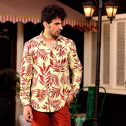 Tropical Maroon Leaves Banana Yellow Casual Pure Linen Full Shirt-BE1070-S