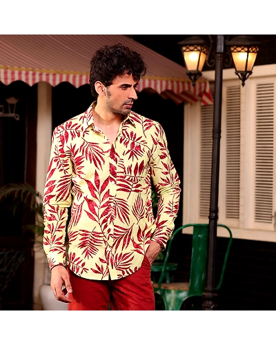 Tropical Maroon Leaves Banana Yellow Casual Pure Linen Full Shirt-BE1070-S