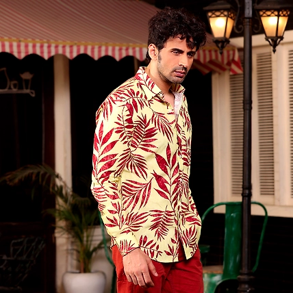 Tropical Maroon Leaves Banana Yellow Casual Pure Linen Full Shirt-S-1