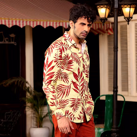 Tropical Maroon Leaves Banana Yellow Casual Pure Linen Full Shirt-S-1