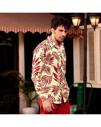 Tropical Maroon Leaves Banana Yellow Casual Pure Linen Full Shirt-S-1