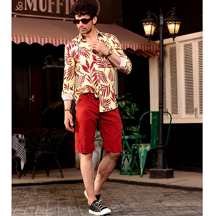 Tropical Maroon Leaves Banana Yellow Casual Pure Linen Full Shirt-S-2