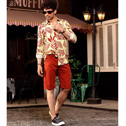 Tropical Maroon Leaves Banana Yellow Casual Pure Linen Full Shirt-S-2