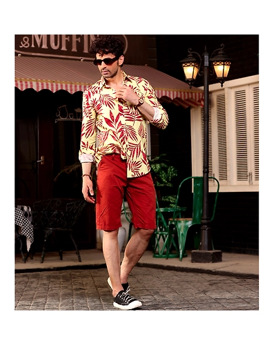 Tropical Maroon Leaves Banana Yellow Casual Pure Linen Full Shirt-S-2