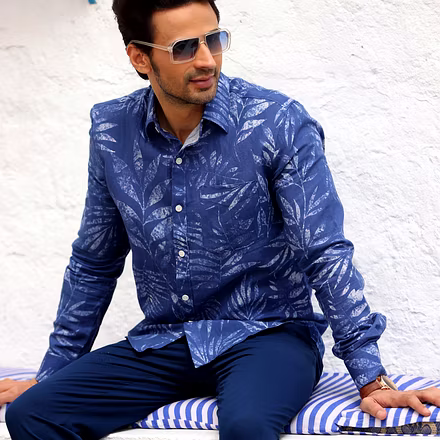 Tropical Leaves Cobalt Blue Casual Pure Linen Full Shirt-BE1066-S