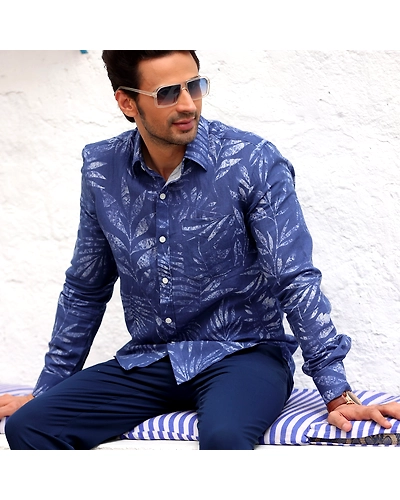 Tropical Leaves Cobalt Blue Casual Pure Linen Full Shirt-BE1066-S