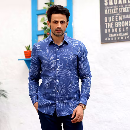 Tropical Leaves Cobalt Blue Casual Pure Linen Full Shirt-S-1
