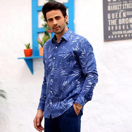 Tropical Leaves Cobalt Blue Casual Pure Linen Full Shirt-S-2