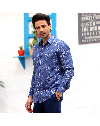 Tropical Leaves Cobalt Blue Casual Pure Linen Full Shirt-S-2