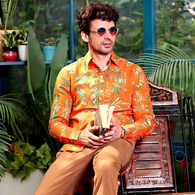 Tropical leaves Vivid Orange Casual Pure Linen Full Shirt