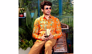 Tropical leaves Vivid Orange Casual Pure Linen Full Shirt