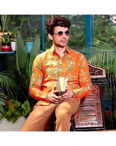 Tropical leaves Vivid Orange Casual Pure Linen Full Shirt-BE1067-S