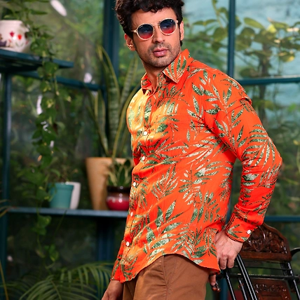 Tropical leaves Vivid Orange Casual Pure Linen Full Shirt-S-1