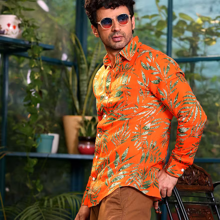 Tropical leaves Vivid Orange Casual Pure Linen Full Shirt-S-1