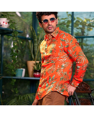 Tropical leaves Vivid Orange Casual Pure Linen Full Shirt-S-1