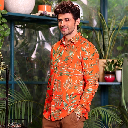 Tropical leaves Vivid Orange Casual Pure Linen Full Shirt-S-2