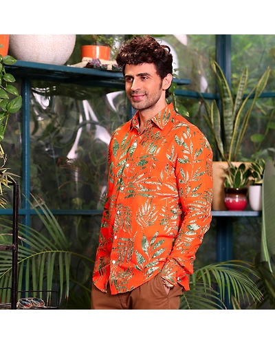 Tropical leaves Vivid Orange Casual Pure Linen Full Shirt-S-2