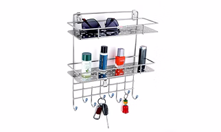 Stainless Steel Perforated Key Holder Rack with 8 Hooks and Storage Shelf for Keys, Perfumes, and Sundries