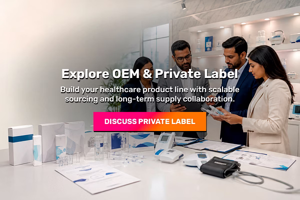 Explore OEM and private label healthcare sourcing with professionals reviewing medical products and 