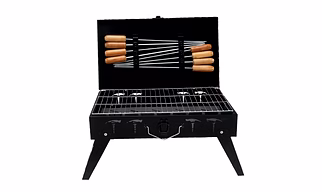 Dymon Briefcase and Picnic Metal Barbeque with 8 Skewers, 1 Iron Grill Black