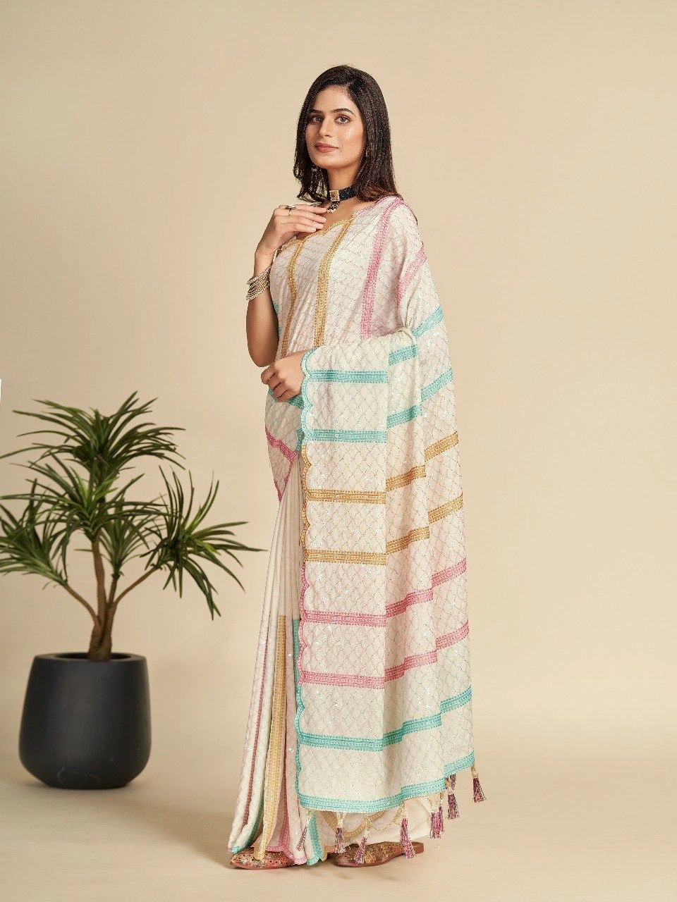 Chinnon with Embroidery saree for girls and women-RANGILA-01_White