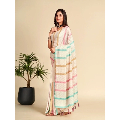 Shree Nakoda Mills Chinnon with Embroidery saree for girls and women