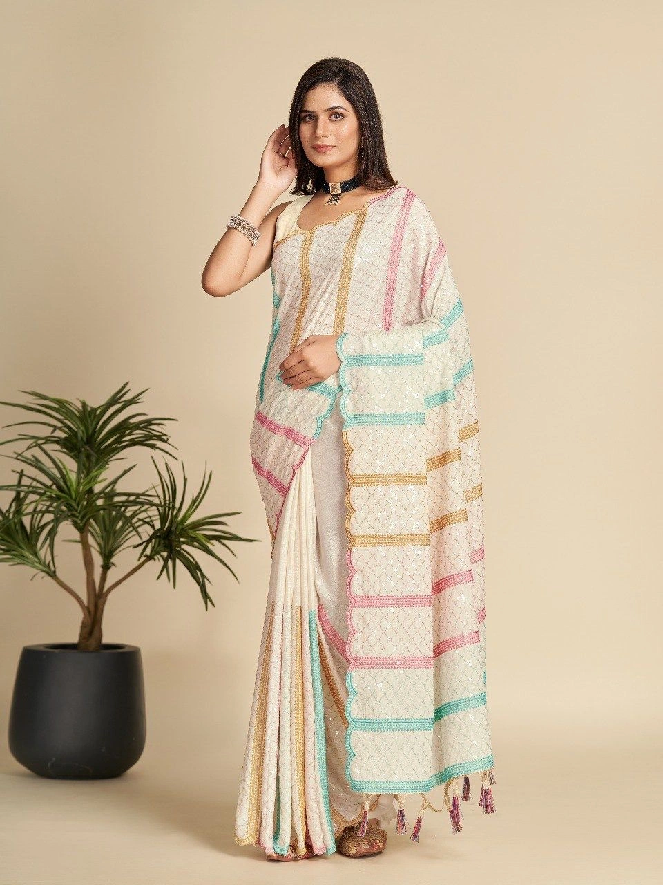 Chinnon with Embroidery saree for girls and women-1