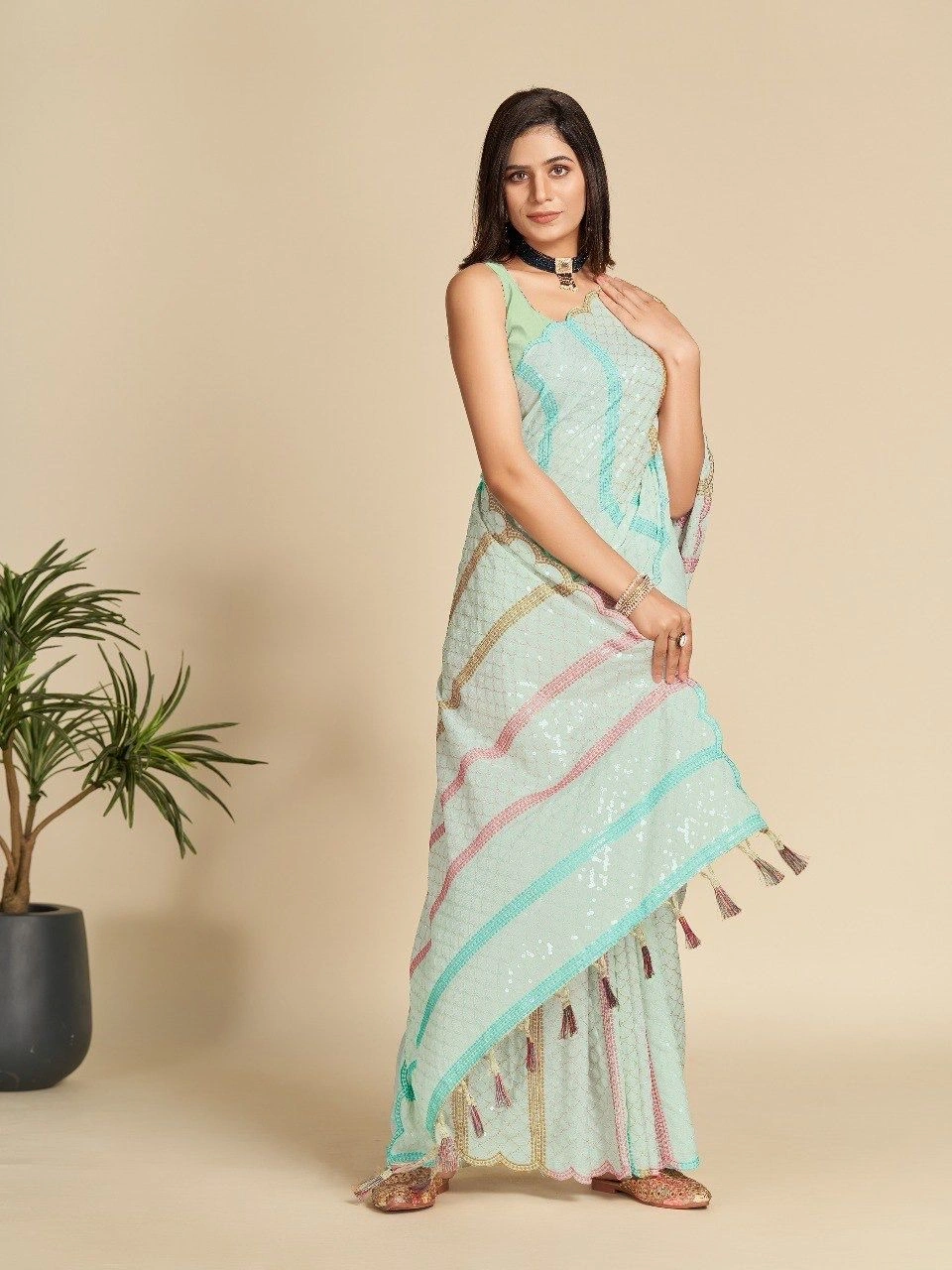 Chinnon with Embroidery saree for girls and women-2