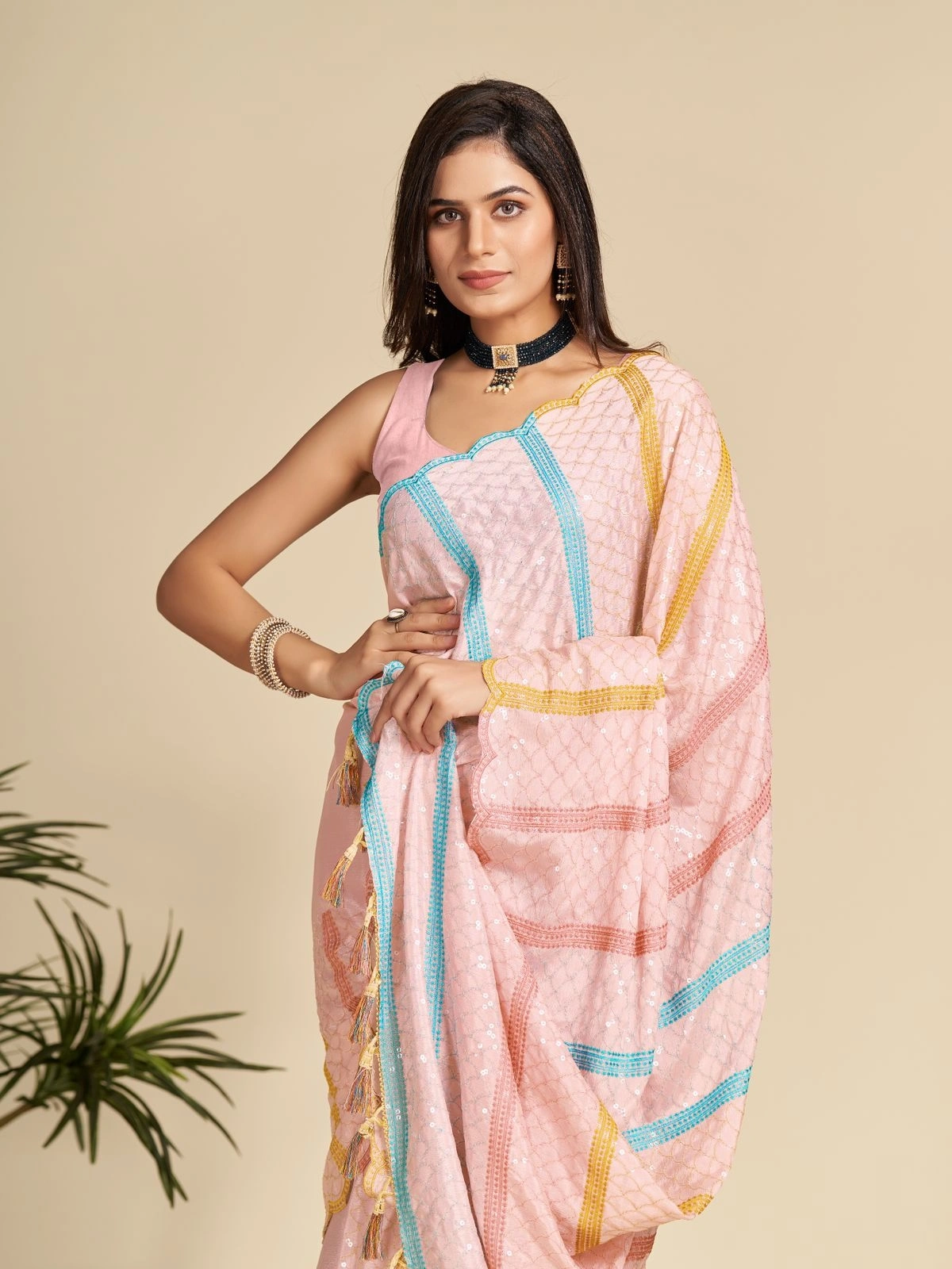 Chinnon with Embroidery saree for girls and women-Pink-1