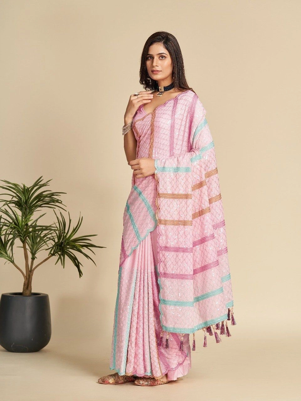 Chinnon with Embroidery saree for girls and women-Pink-2