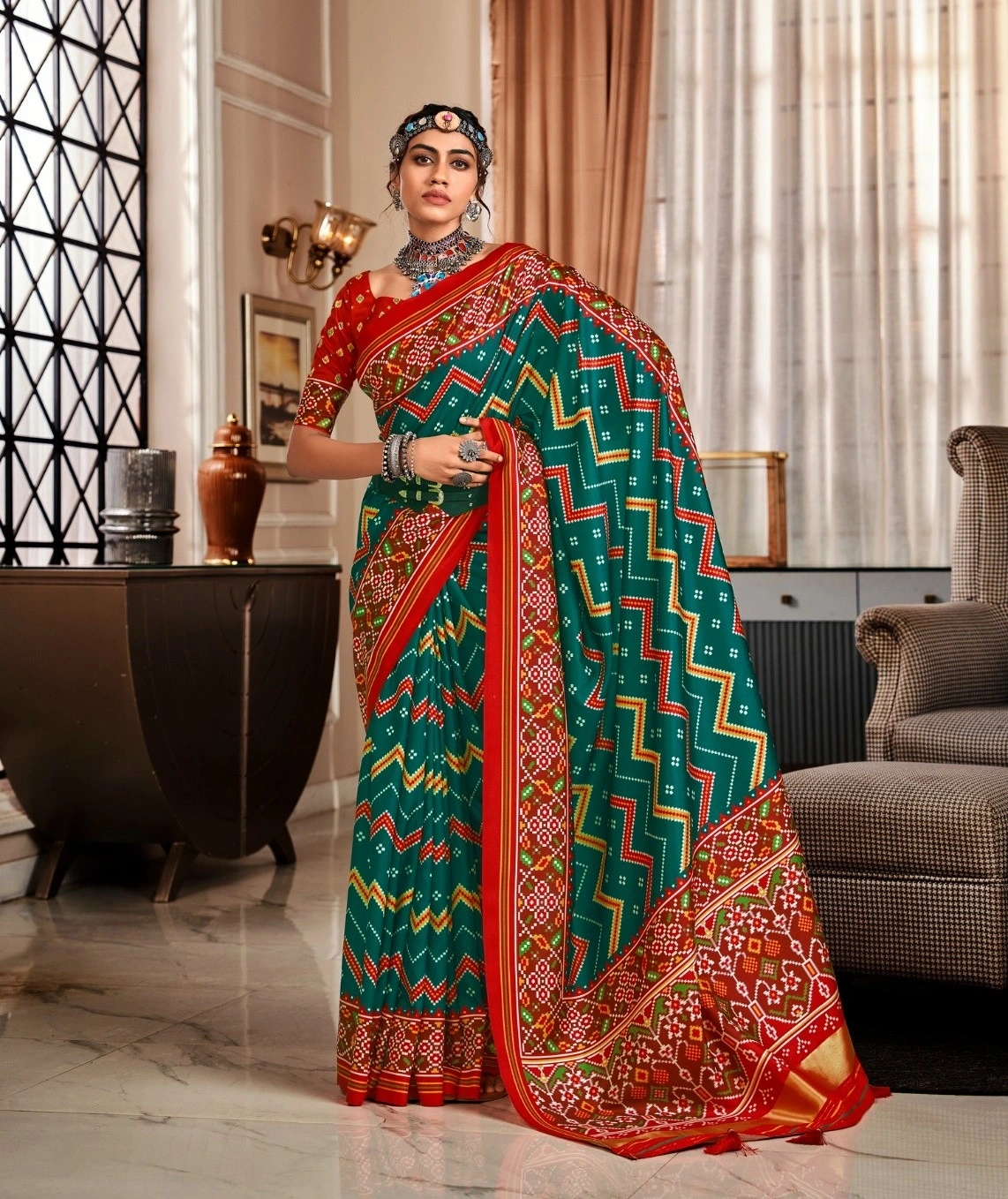 Pure Tusser Patola with Patola Print saree for women-BPATOLA-01_DarkGreen