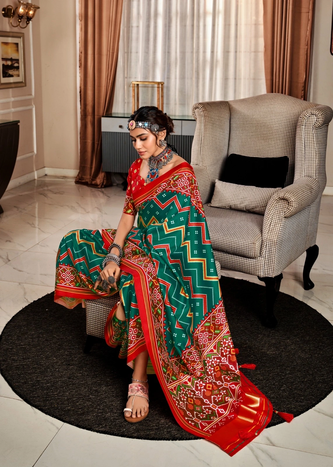 Pure Tusser Patola with Patola Print saree for women-Dark Green-1