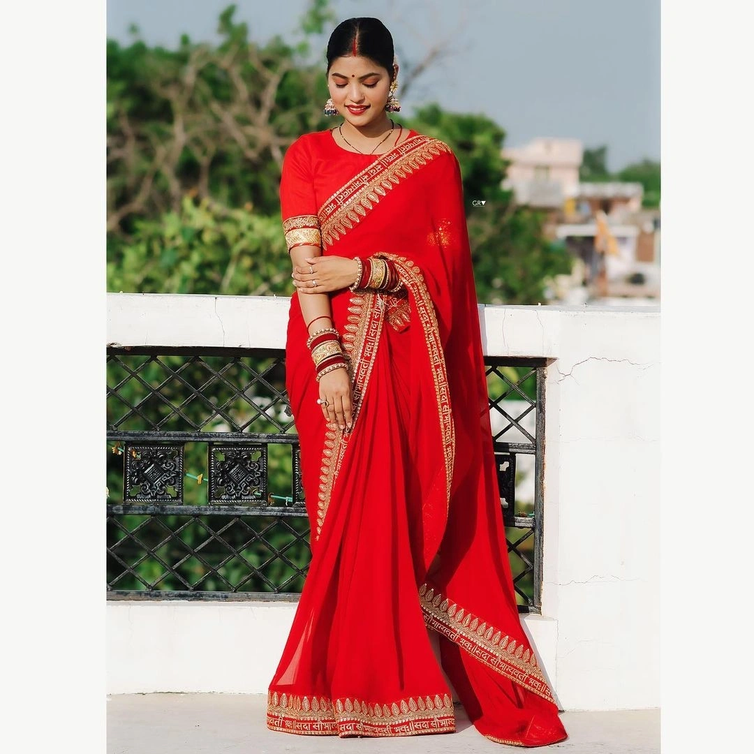 Soft Georgette, Heavy Multi-Sequence sobhagywati saree for women-Red-2