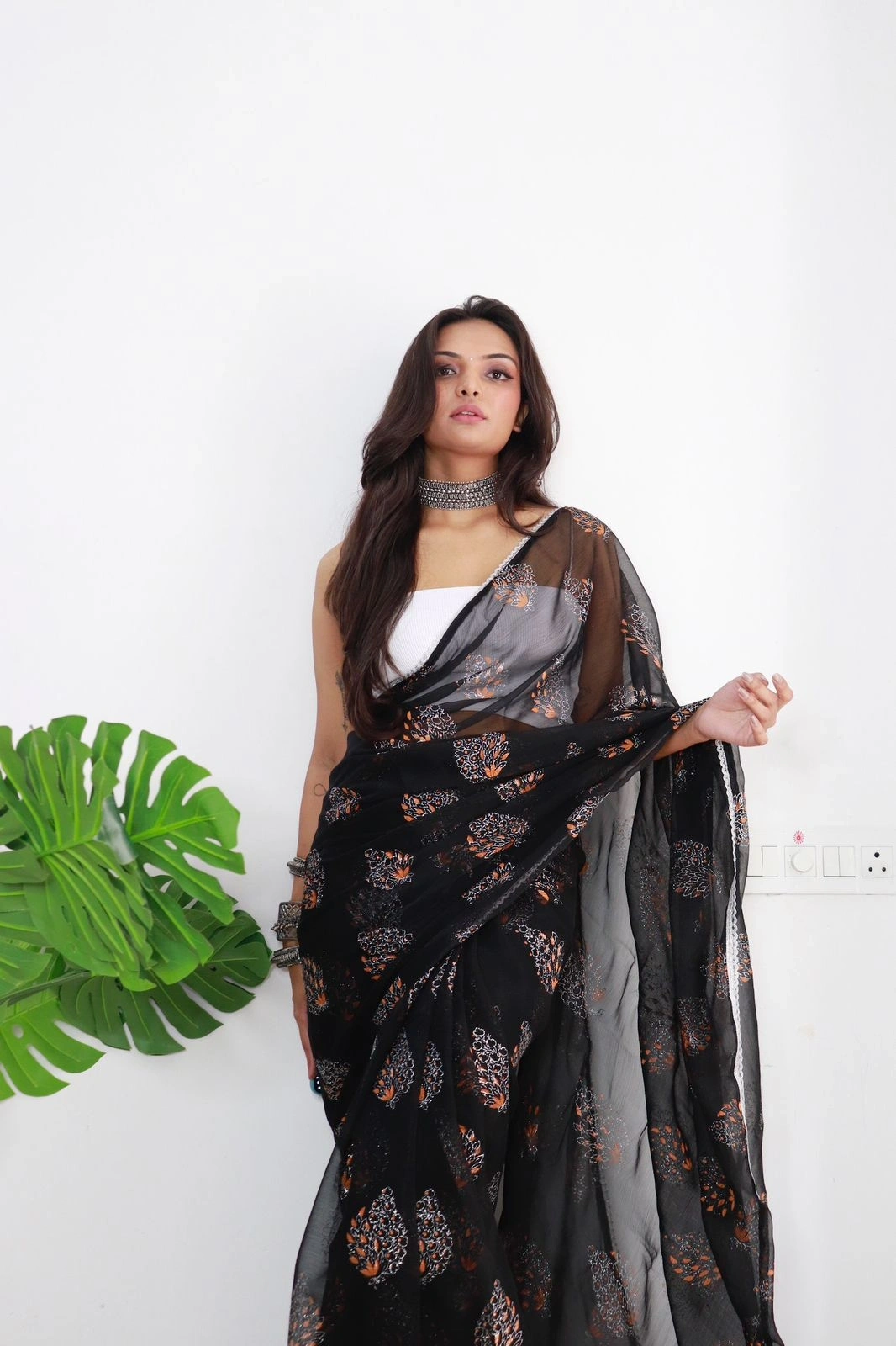 Pure Chiffon Silk Saree with Handprint and Foil Work saree for gils and women-SURILI-01_Black