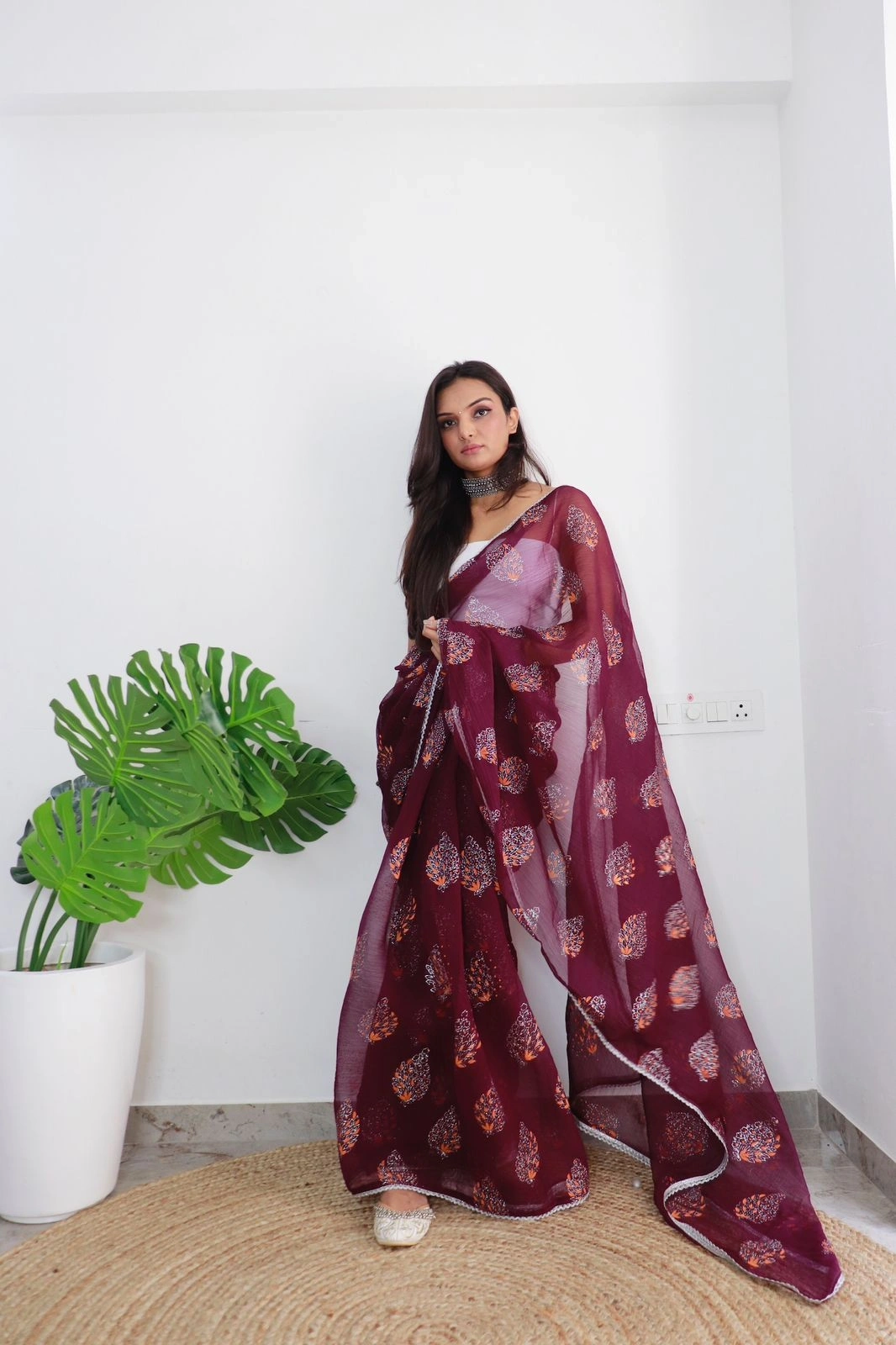 Pure Chiffon Silk Saree with Handprint and Foil Work saree for gils and women-SURILI-01_Purple