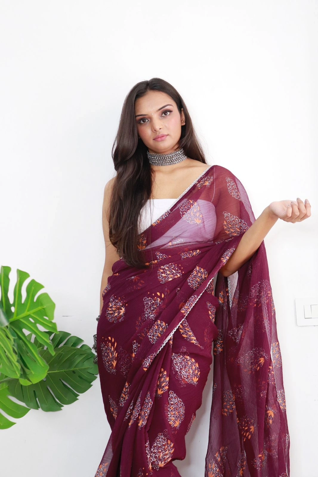 Pure Chiffon Silk Saree with Handprint and Foil Work saree for gils and women-Purple-1