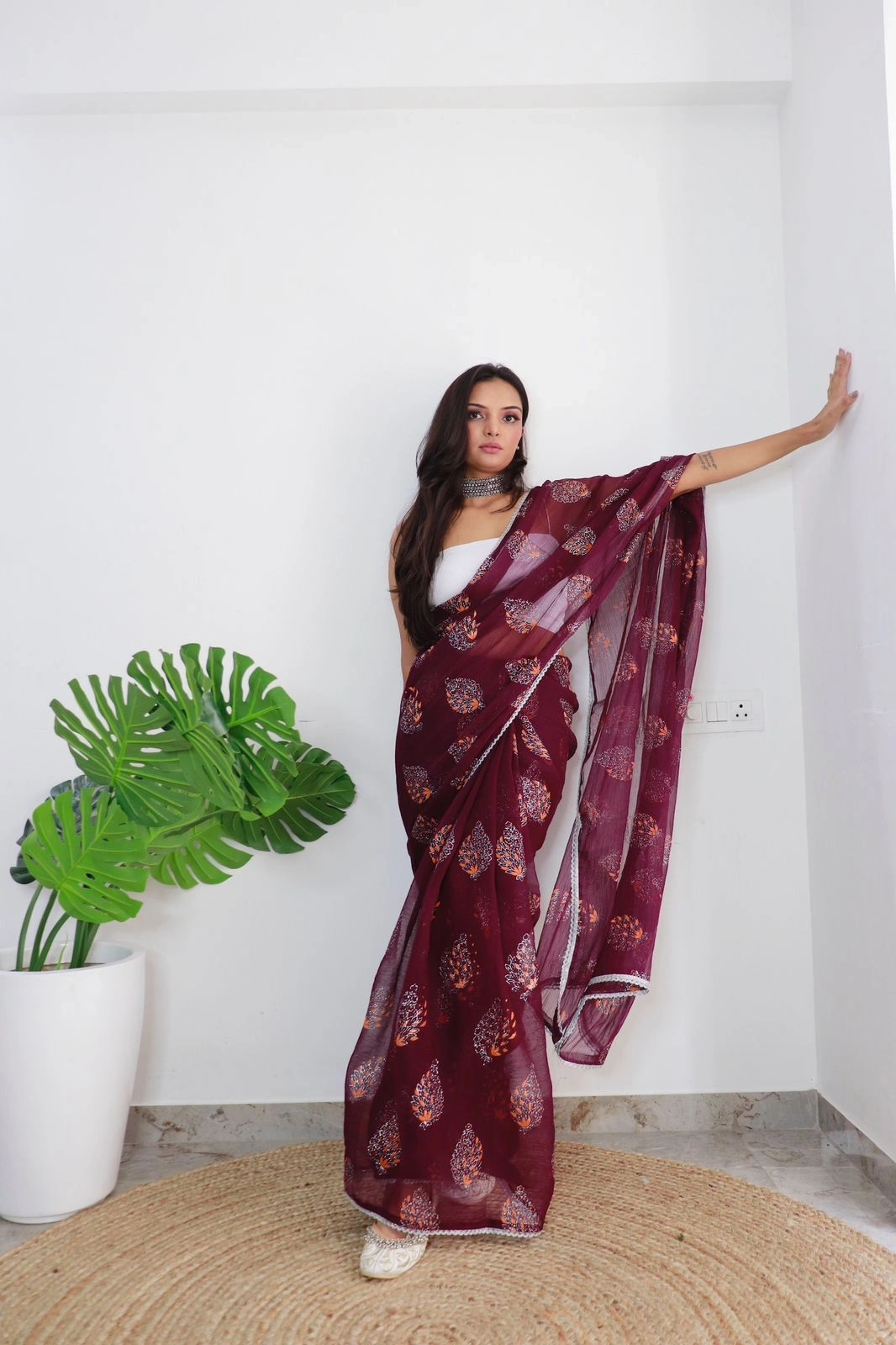 Pure Chiffon Silk Saree with Handprint and Foil Work saree for gils and women-Purple-2