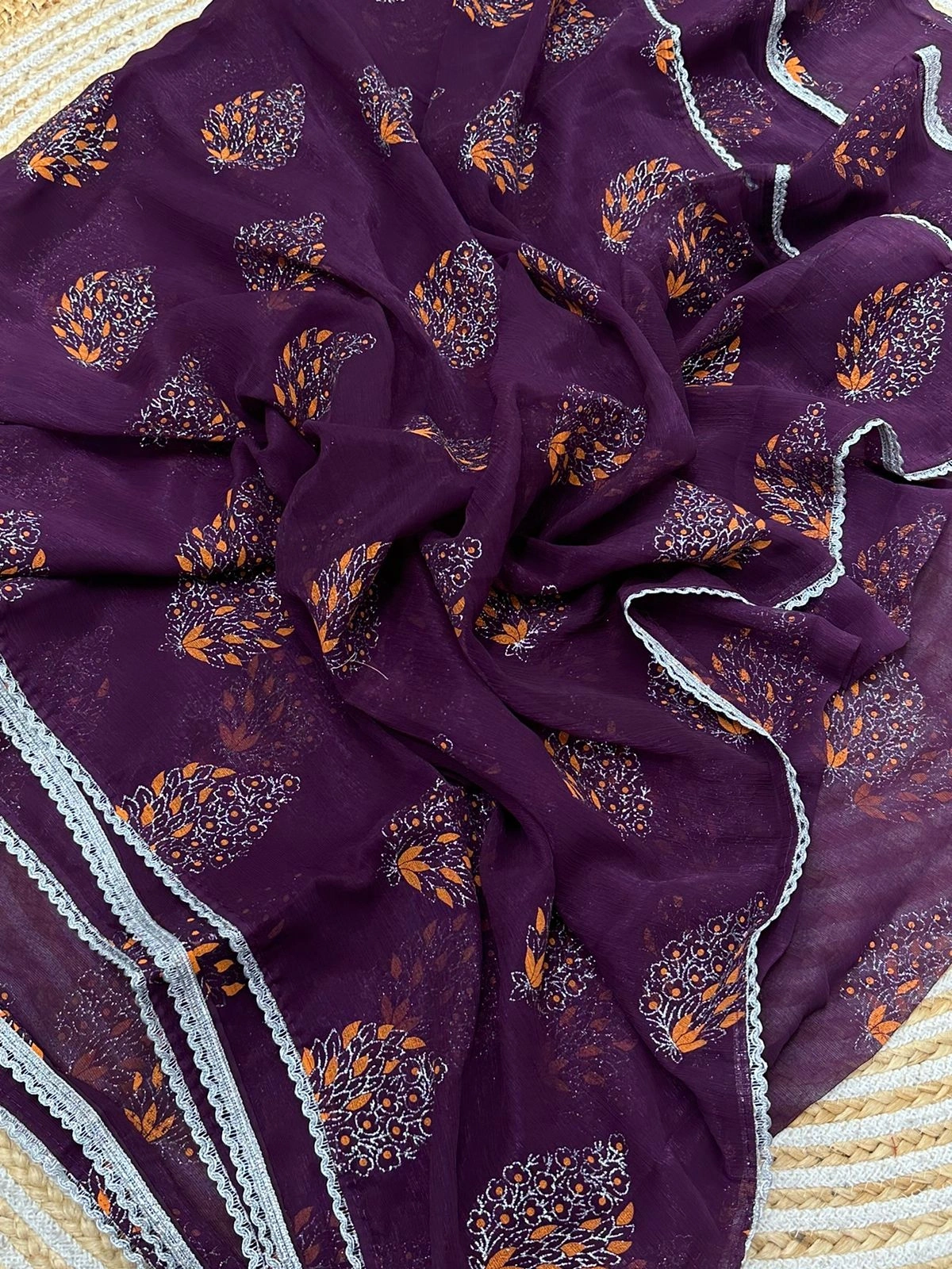 Pure Chiffon Silk Saree with Handprint and Foil Work saree for gils and women-Purple-3