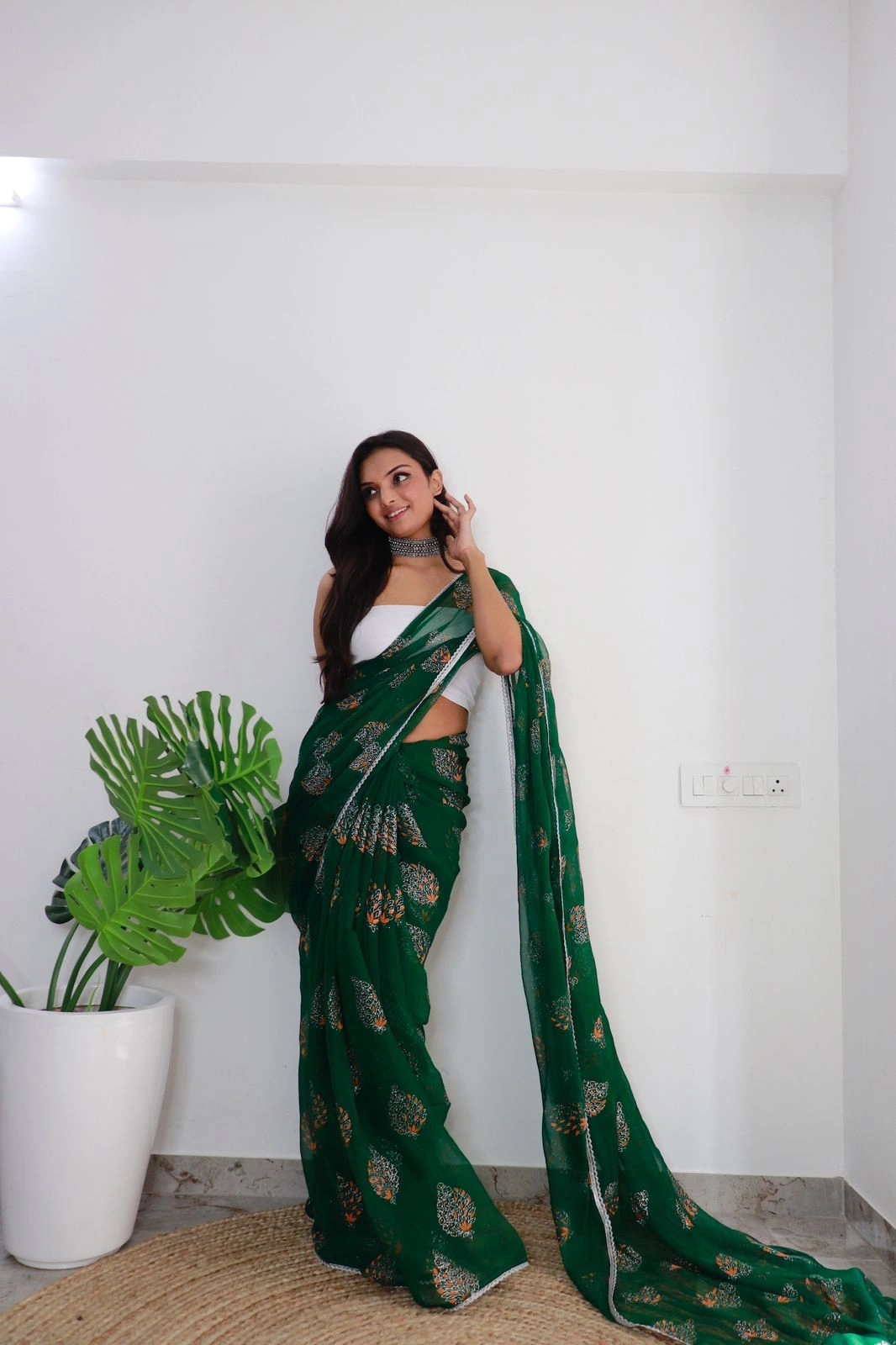 Pure Chiffon Silk Saree with Handprint and Foil Work saree for gils and women-SURILI-01_Green