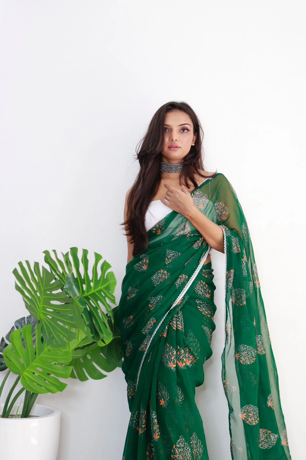 Pure Chiffon Silk Saree with Handprint and Foil Work saree for gils and women-Green-1