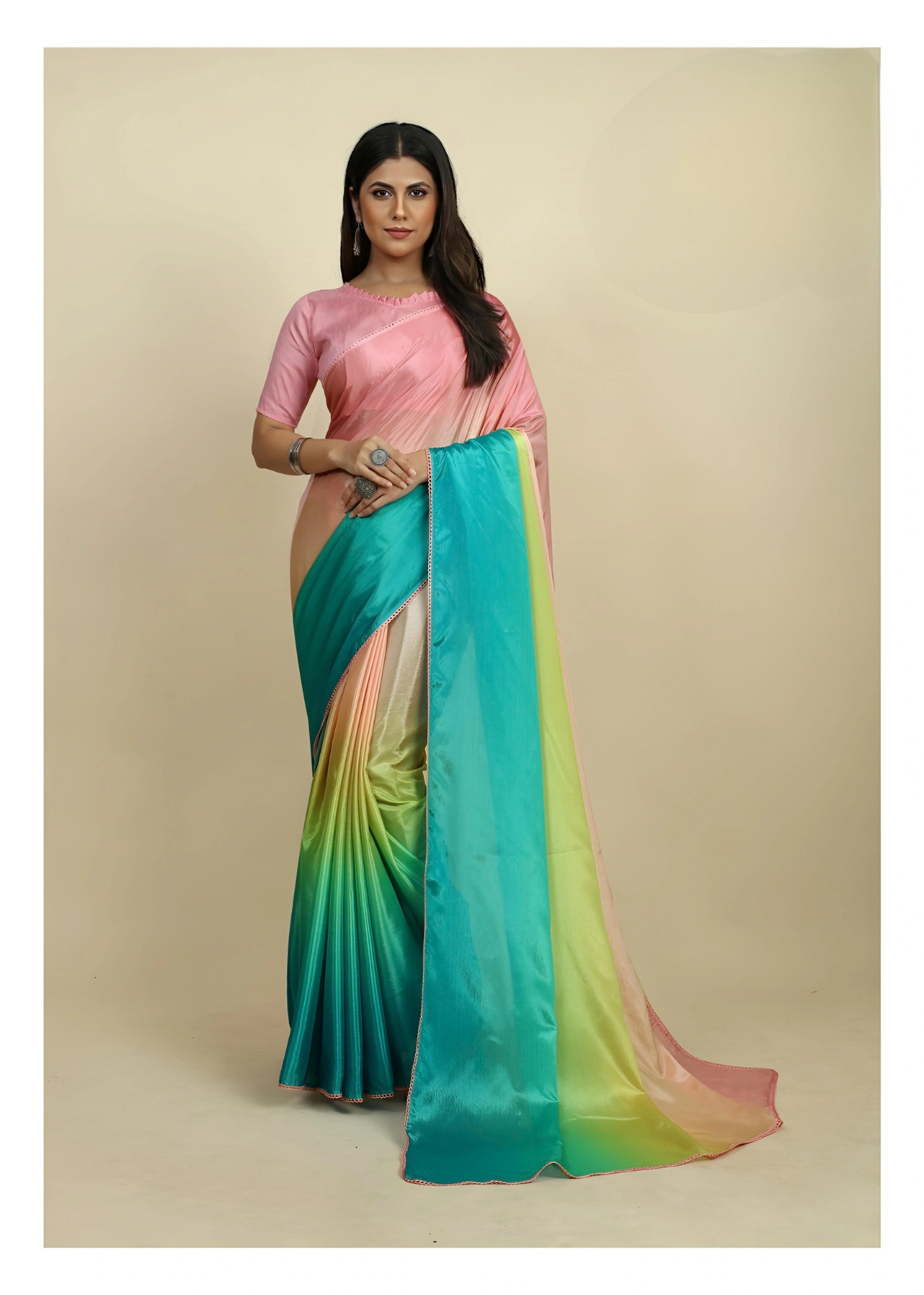 Sattin Chinon Sarees. Crafted from luxurious sattin chinon for women and girl-Pink Blue-2