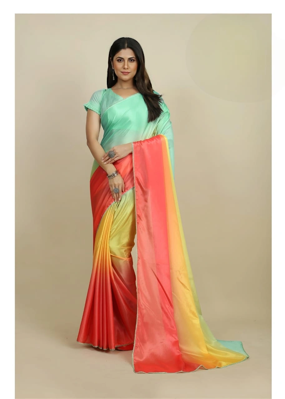 Sattin Chinon Sarees. Crafted from luxurious sattin chinon for women and girl-Blue Carrot-2