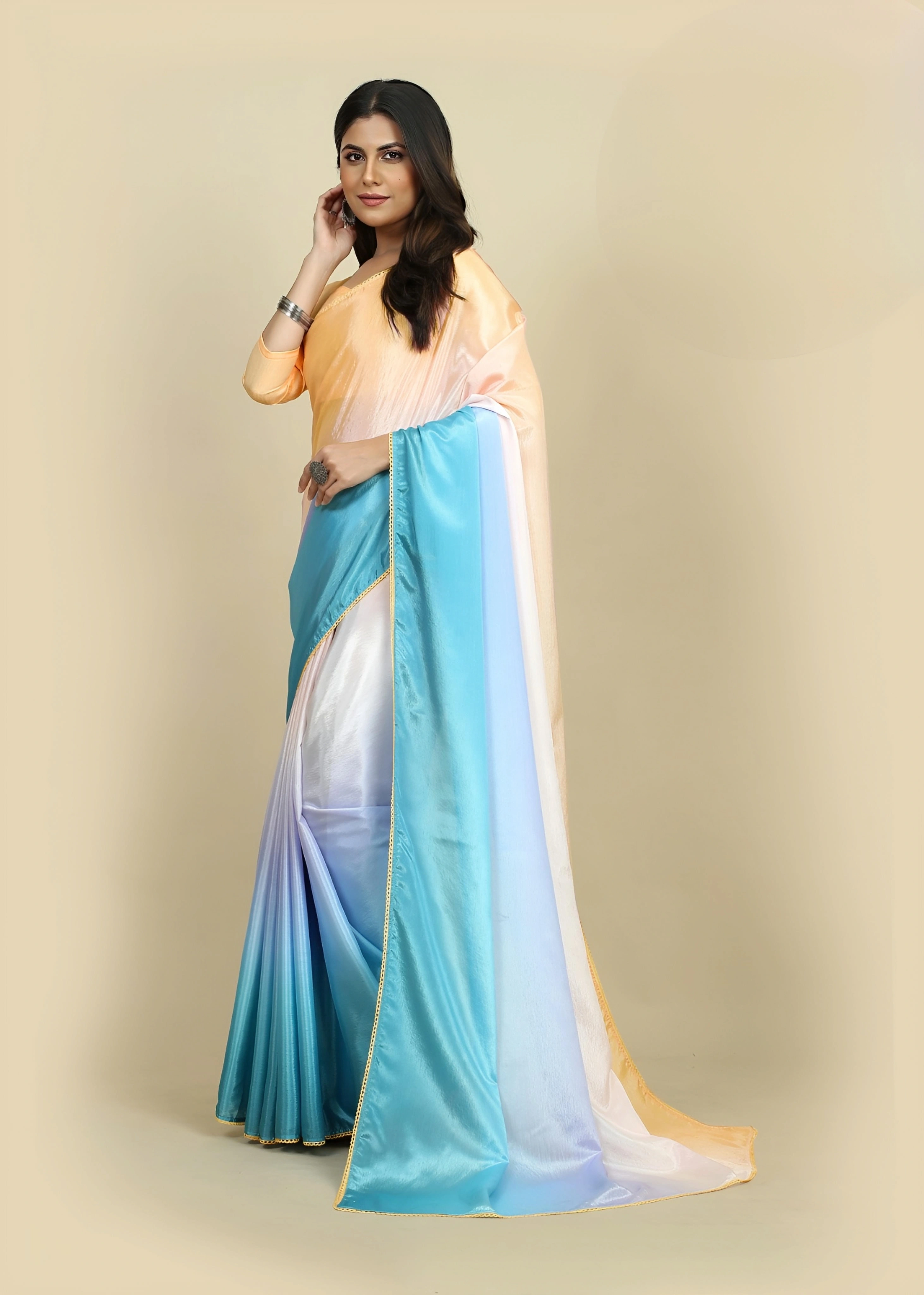 Sattin Chinon Sarees. Crafted from luxurious sattin chinon for women and girl-Gold Carrot-1