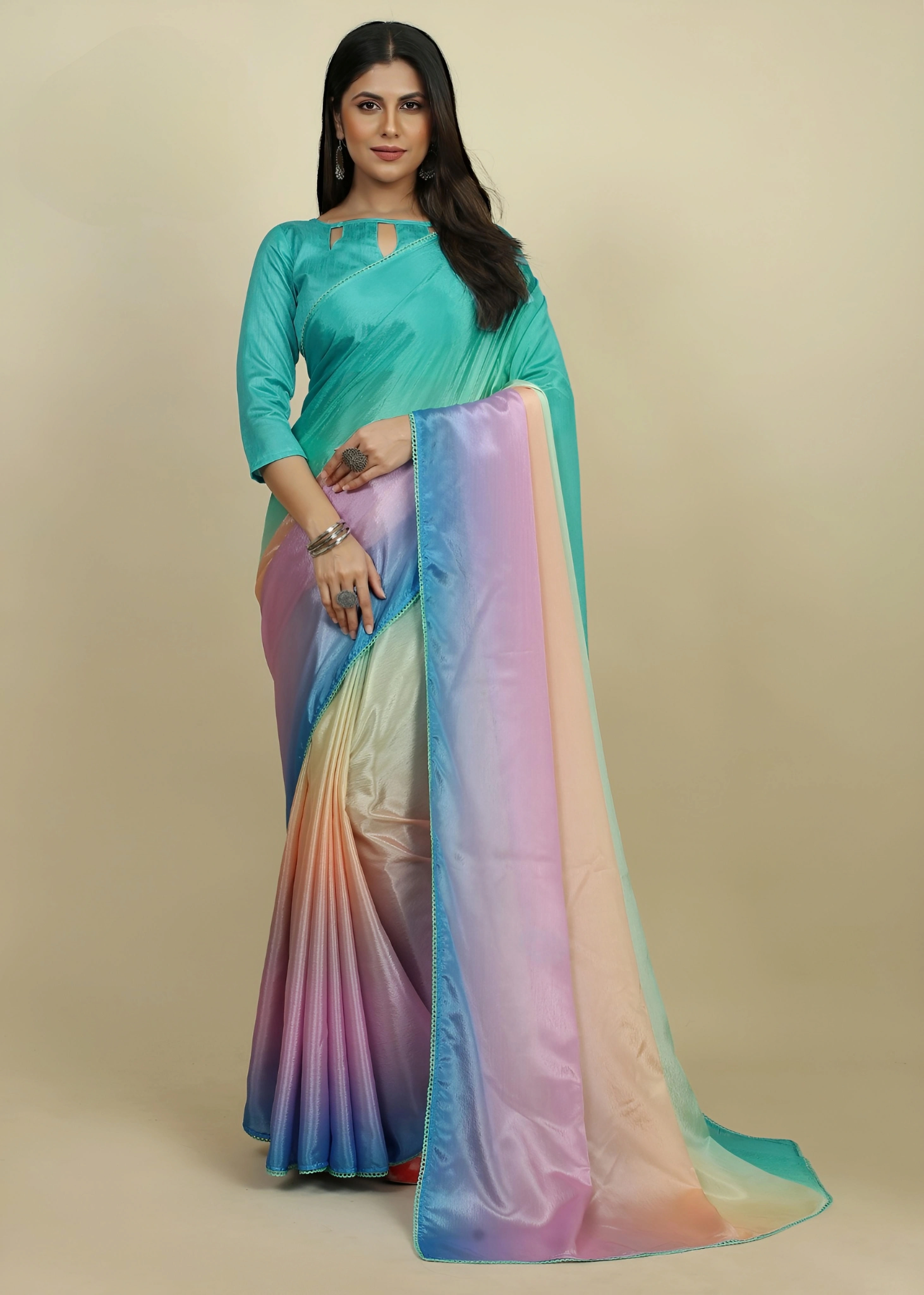 Sattin Chinon Sarees. Crafted from luxurious sattin chinon for women and girl-Blue Gpld-1