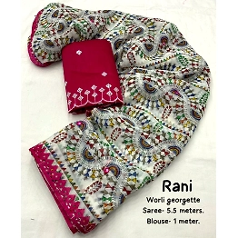 Shree Nakoda Mills Soft Printed Georgette Saree Cutwork Style Patched with Aari Mirror for womens
