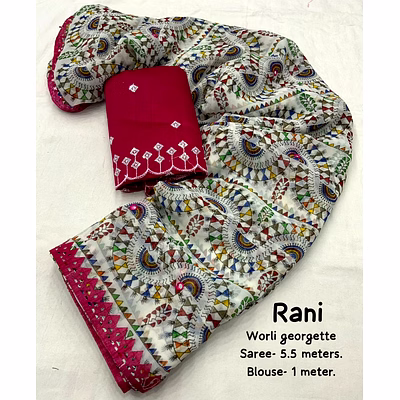 shree nakoda mills soft printed georgette saree cutwork style patched with aari mirror for womens