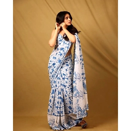 Shree Nakoda Mills Linen Digital Flower Printed Saree, Exclusive Beautiful Linen Digital Printed Saree for Girls