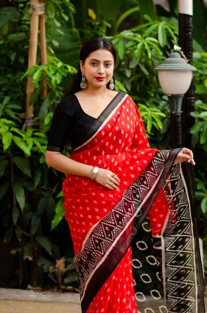 Soft Kota Doriya Ikkat Style Printed Saree with Zari Pattu Border saree for women-KOTA-01_Red