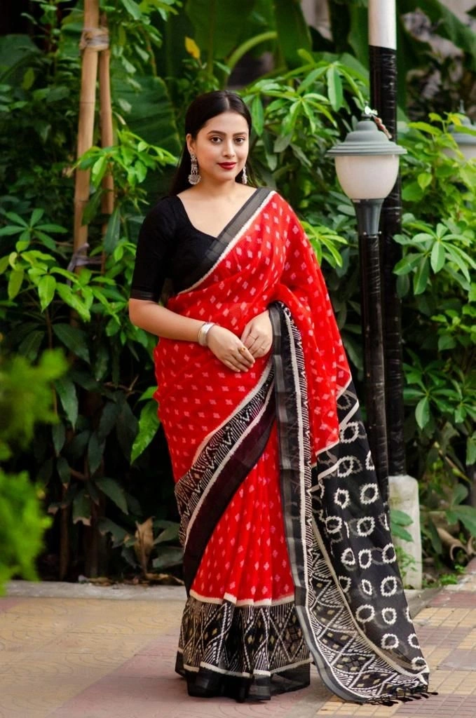 Soft Kota Doriya Ikkat Style Printed Saree with Zari Pattu Border saree for women-Red-1