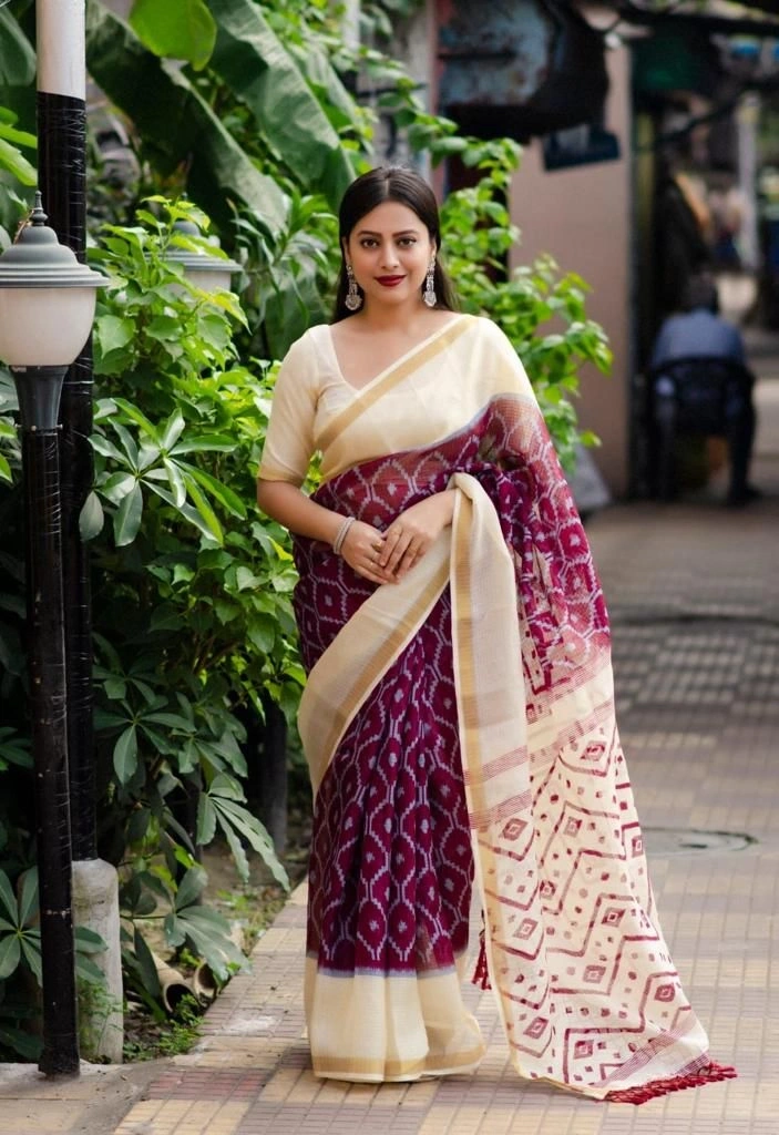 Soft Kota Doriya Ikkat Style Printed Saree with Zari Pattu Border saree for women-KOTA-01_Purple